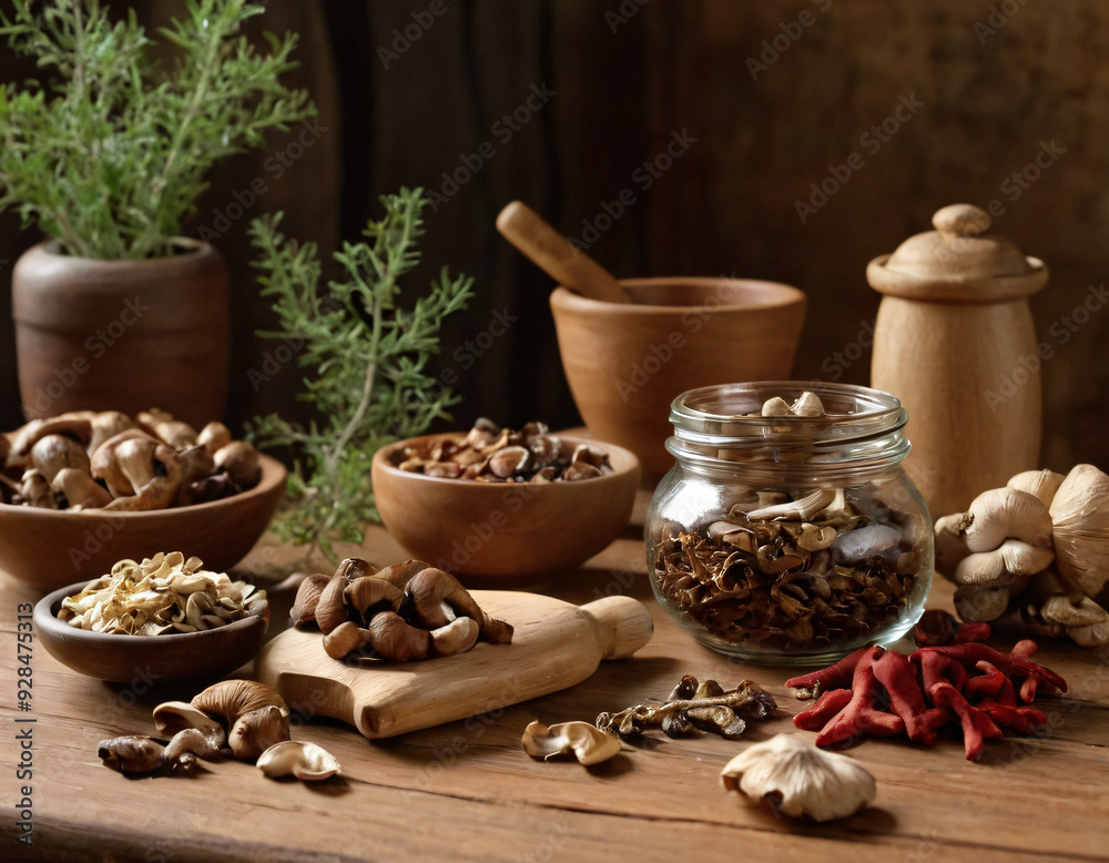 Tabletop herbal medicine vignette with Red Ginseng and finely cut dried mushrooms on the wooden table. Ai generated image Tabletop herbal medicine vignette with Red Ginseng and finely cut dried mushrooms on the wooden table. Ai generated image