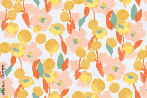 Abstract hand drawn floral seamless pattern. Bright colors, gouache painting.