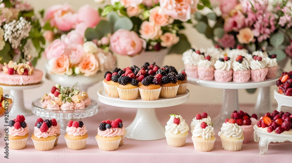A beautiful and colorful dessert table with cupcakes, cakes, berries, and flowers in the background, featuring a pink color scheme, natural lighting, depth of field, and a focus on the front view. The A beautiful and colorful dessert table with cupcakes, cakes, berries, and flowers in the background, featuring a pink color scheme, natural lighting, depth of field, and a focus on the front view. The