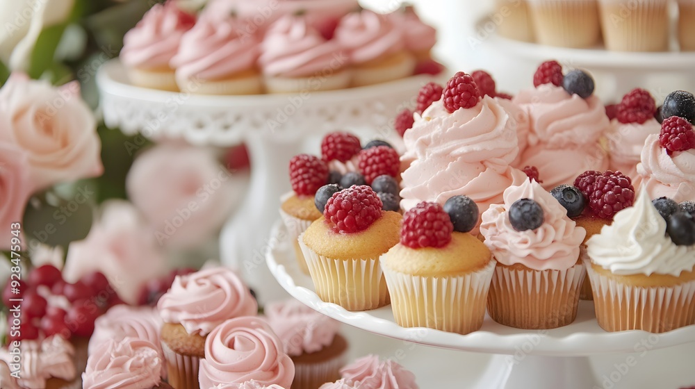 A beautiful and colorful dessert table with cupcakes, cakes, berries, and flowers in the background, featuring a pink color scheme, natural lighting, depth of field, and a focus on the front view. The A beautiful and colorful dessert table with cupcakes, cakes, berries, and flowers in the background, featuring a pink color scheme, natural lighting, depth of field, and a focus on the front view. The