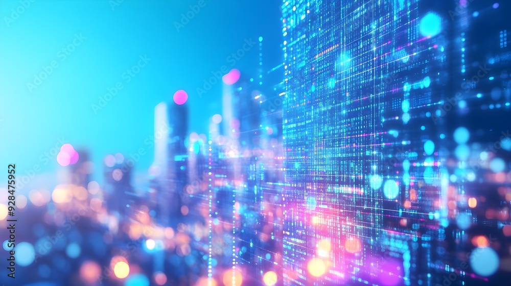 Fototapeta premium Abstract Cityscape with Digital Code and Bokeh Lights