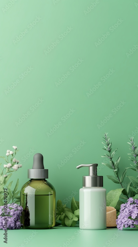 Minimalist beauty product mockup with natural elements on green background. Minimalist beauty product mockup with natural elements on green background.