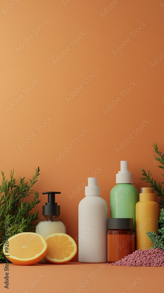 Minimalist product display with orange, greenery, and bottles on a peach background. Minimalist product display with orange, greenery, and bottles on a peach background.