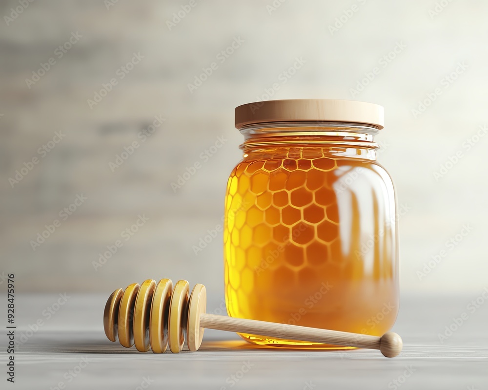 Close-up of a jar of honey with a honeycomb and honey dipper on a wooden table. Close-up of a jar of honey with a honeycomb and honey dipper on a wooden table.