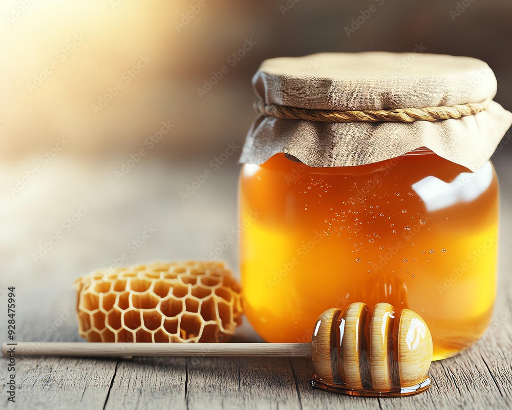 Close-up of a jar of honey with a honeycomb and honey dipper on a wooden table. Close-up of a jar of honey with a honeycomb and honey dipper on a wooden table.