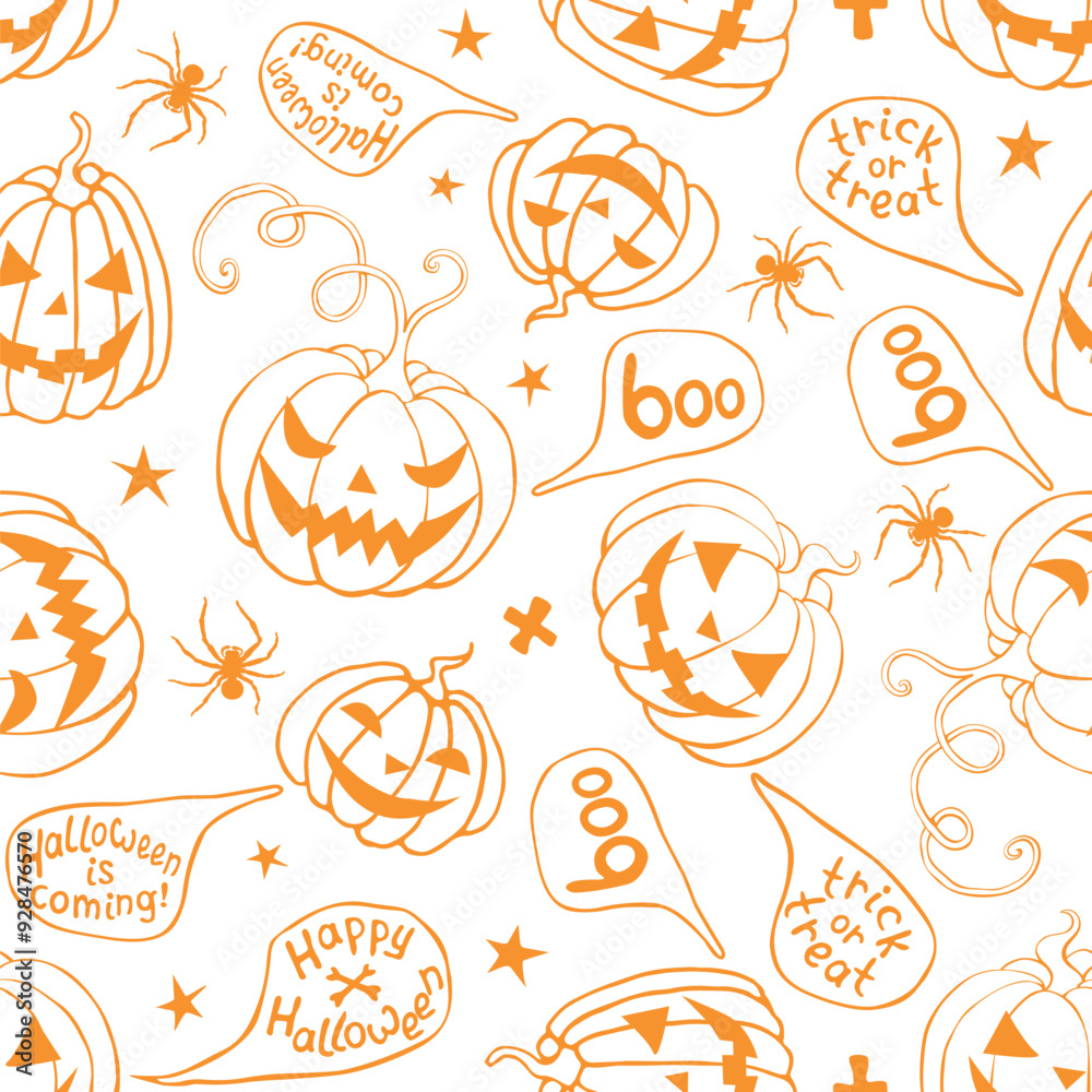 Vector Seamless pattern with pumpkins, Jack o Lantern. Halloween backgrounds and textures in flat doodle style, isolated. Vector Seamless pattern with pumpkins, Jack o Lantern. Halloween backgrounds and textures in flat doodle style, isolated.