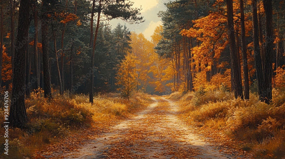 Fototapeta premium Forest road with fallen pine needles, autumn ambiance.