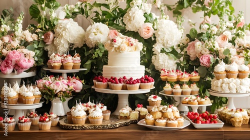 Wallpaper Mural A beautiful and colorful dessert table with cupcakes, cakes, berries, and flowers in the background, featuring a pink color scheme, natural lighting, depth of field, and a focus on the front view. The Torontodigital.ca