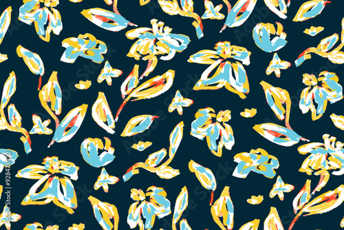 Abstract hand drawn floral seamless pattern. Bright colors, gouache painting.