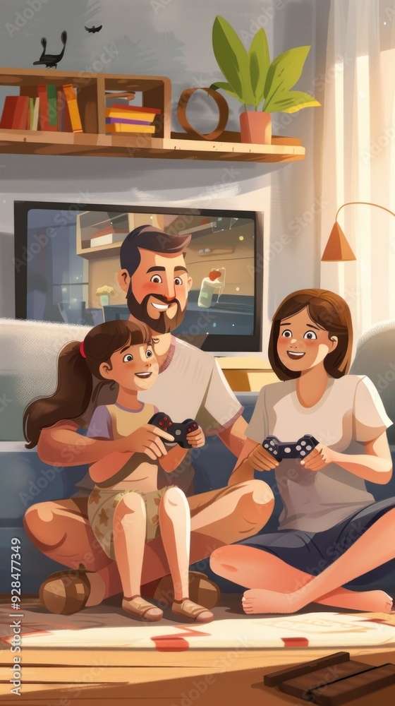 A family enjoying video games together in a cozy living room. A family enjoying video games together in a cozy living room.