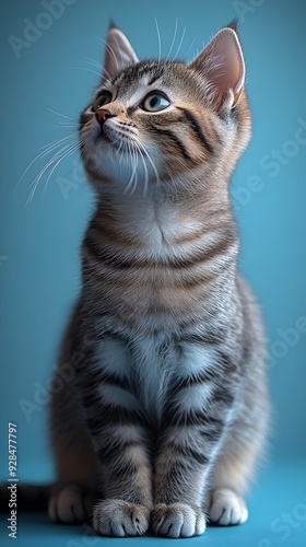 A cute tabby kitten sits on a blue background, looking up with big, curious eyes.