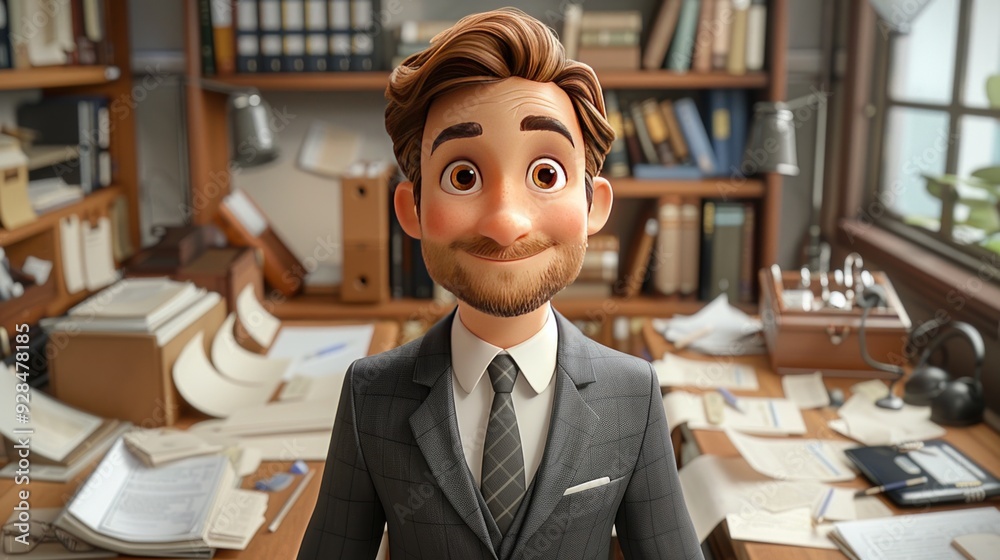 A cheerful animated character in a business suit stands in a cluttered office filled with papers. A cheerful animated character in a business suit stands in a cluttered office filled with papers.