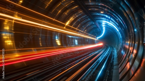  Ethereal white light painting creates a time tunnel effect on an abstract background, embodying the essence of modern technology.