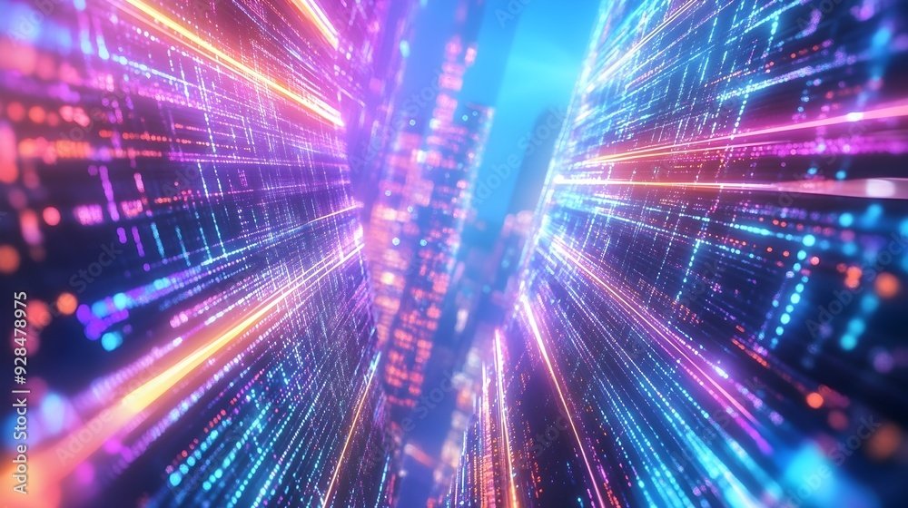 Abstract Digital Cityscape with Neon Lights and Glowing Lines Abstract Digital Cityscape with Neon Lights and Glowing Lines