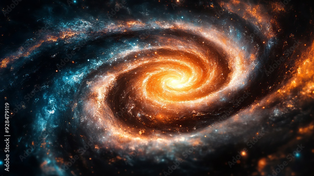 A vibrant spiral galaxy with orange and blue hues against a dark background A vibrant spiral galaxy with orange and blue hues against a dark background