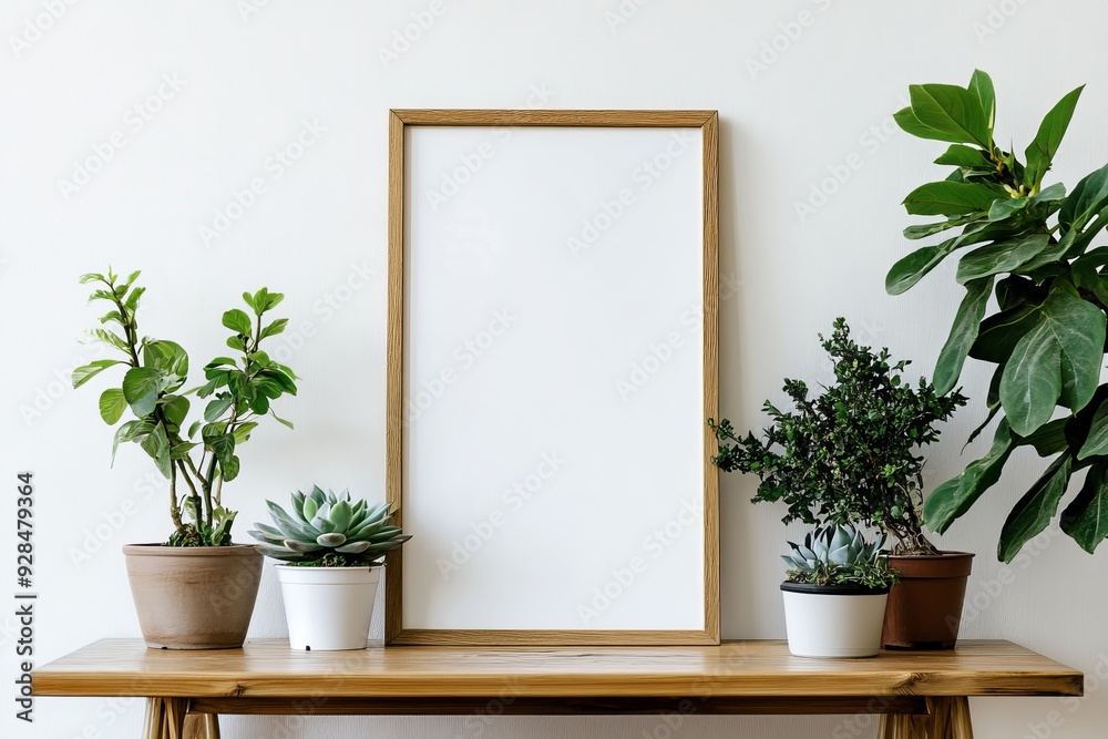 A Scandinavian room is decorated with a mock up photo frame on a brown bamboo shelf with beautiful plants in different hipster and design pots. The walls are white, and the shelves are decorated with A Scandinavian room is decorated with a mock up photo frame on a brown bamboo shelf with beautiful plants in different hipster and design pots. The walls are white, and the shelves are decorated with