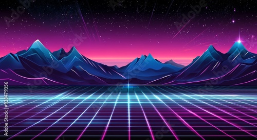 Retro video games, futuristic design, computer graphics and sci-fi technology concept. Background template made with glowing neon lights. photo