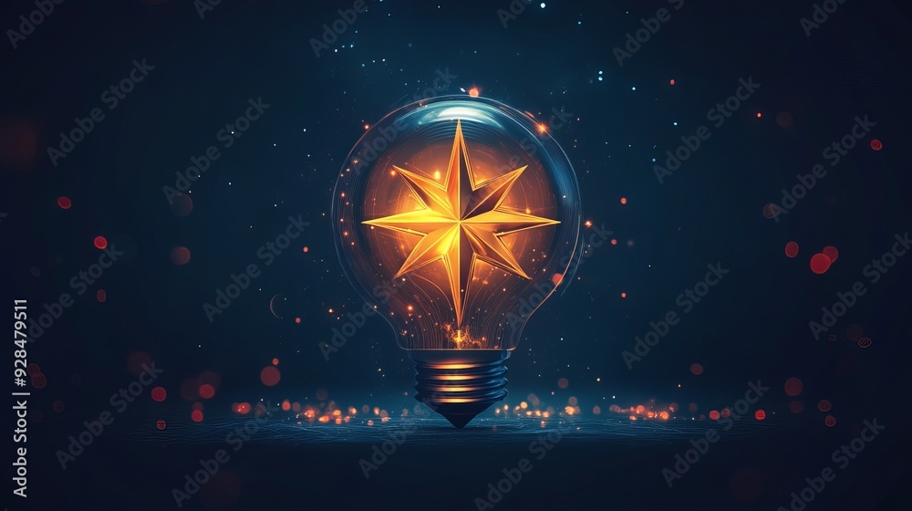 A glowing star-shaped light bulb illuminates a dark space A glowing star-shaped light bulb illuminates a dark space