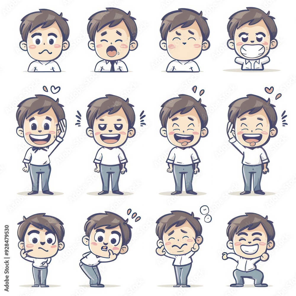 A collection of cartoon-style expressions and poses of a character. A collection of cartoon-style expressions and poses of a character.