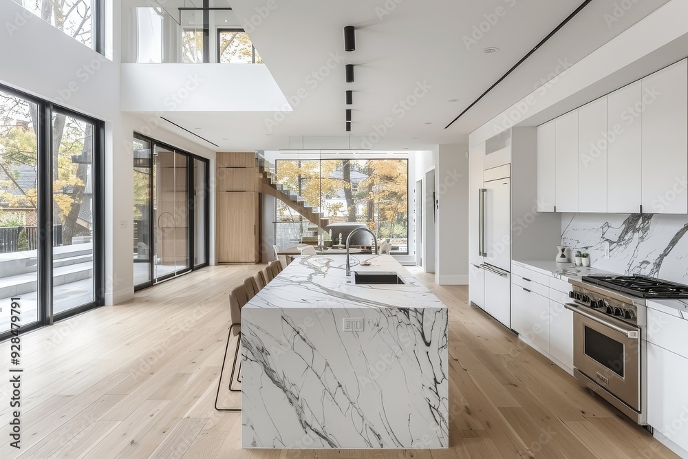 Modern minimalist open concept kitchen with white marble island, light ...