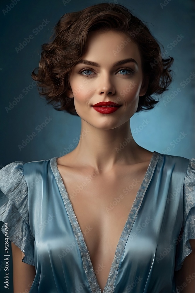 A stunning masterpiece of a beautiful woman, with short hair and night dress a single color background. A stunning masterpiece of a beautiful woman, with short hair and night dress a single color background.