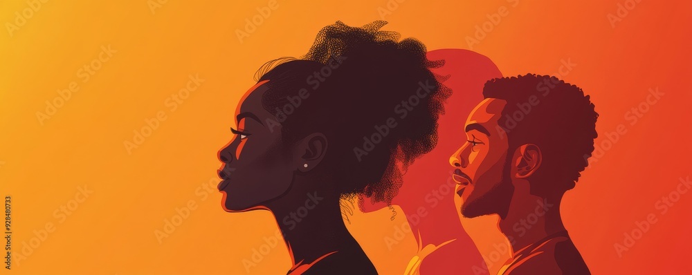 Artistic silhouettes of a man and woman facing forward on a vibrant orange background Artistic silhouettes of a man and woman facing forward on a vibrant orange background