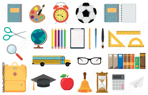 A Collection of School Supplies Icons and Symbols Representing Various Academic Themes