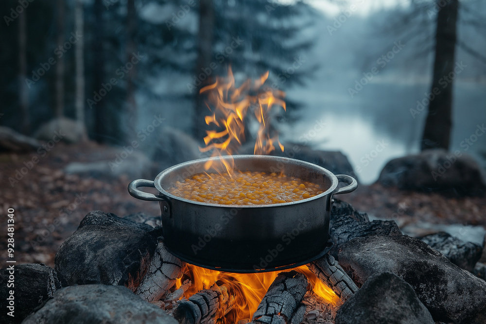 Cooking in the pot over camp fire, boiling pot at the campfire on picnic