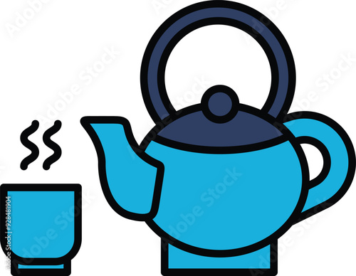 A black and white drawing of a tea kettle and a cup of tea