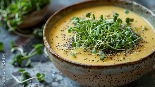 Realistic shot of a smoothie bowl topped with fresh microgreens, illustrating their use in healthy recipes