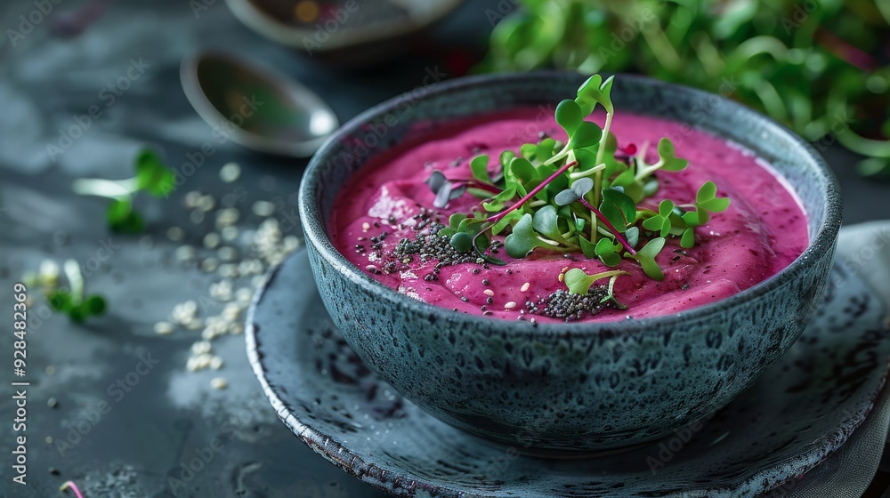 Realistic shot of a smoothie bowl topped with fresh microgreens, illustrating their use in healthy recipes Realistic shot of a smoothie bowl topped with fresh microgreens, illustrating their use in healthy recipes