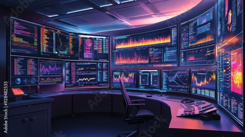 Futuristic Trading Room with Multiple Screens Displaying Data and Charts.