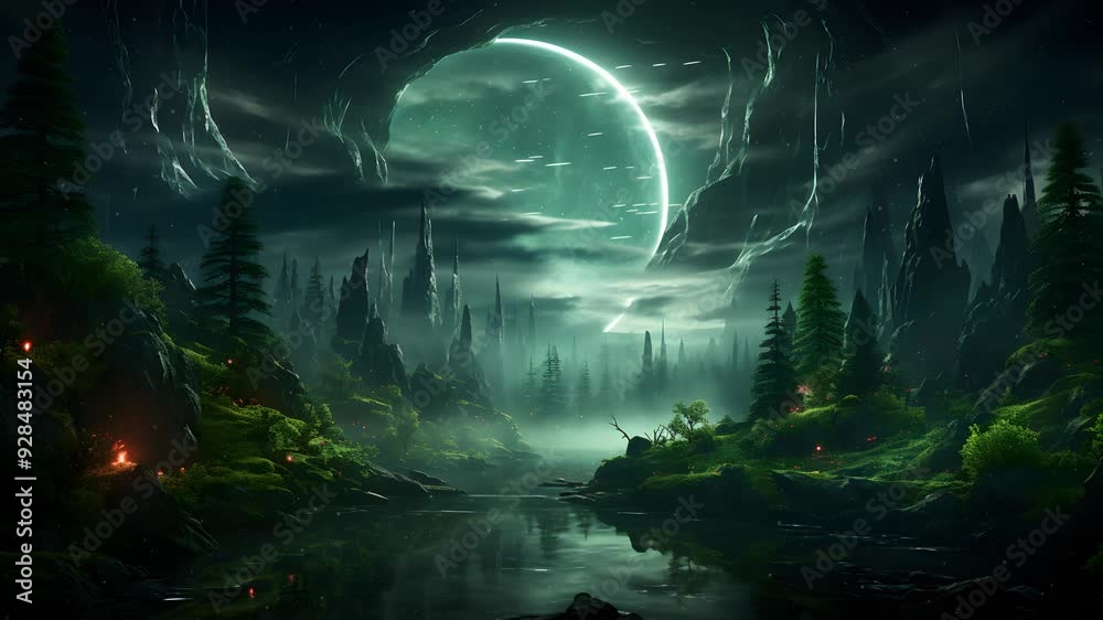 A mystical forest with tall trees and a river running through it. A crescent moon hangs in the sky, illuminating the scene. Perfect for fantasy and nature videos. A mystical forest with tall trees and a river running through it. A crescent moon hangs in the sky, illuminating the scene. Perfect for fantasy and nature videos.