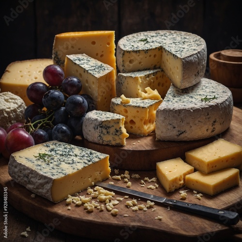 Savor the artistry of cheese with an elegant cheese platter showcasing diverse textures and fresh, flavorful accompaniments