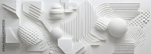 89. Abstract 3D wall art featuring floating geometric forms and intricate patterns forming a modern design against white.