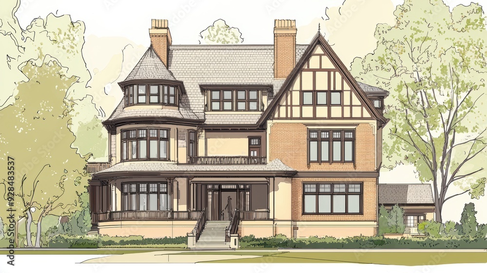 Illustration of a Large House with a Turreted Roof. Illustration of a Large House with a Turreted Roof.