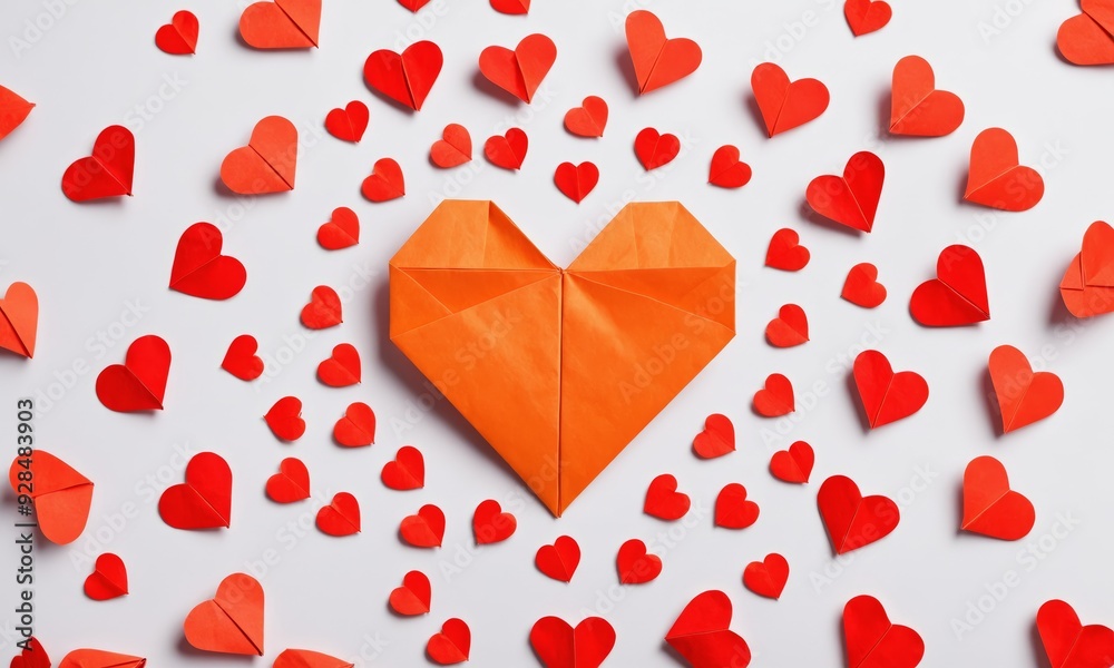 Orange paper heart surrounded by red paper hearts on white background Orange paper heart surrounded by red paper hearts on white background