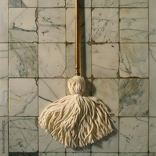 Vintage Mop Hanging on Marble Tiles photo