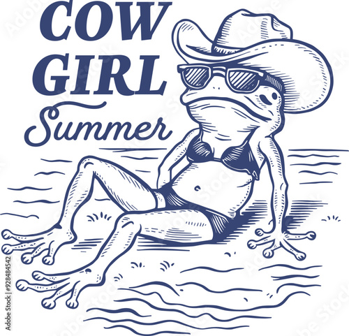 Cowgirl Summer Quote, Playful illustration of a Frog in a Bikini, Sunglasses, and Cowboy hat, Funny Cowboy Frog Summer Shirt Design