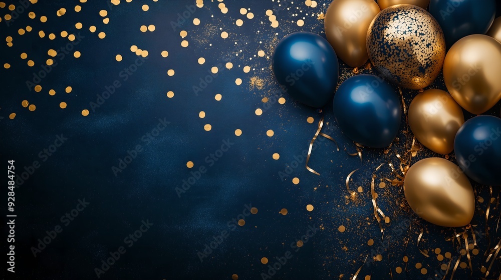 Vibrant navy blue and gold themed celebration with colorful balloons and glittering confetti, ideal for festive banners, posters, and background designs with space for custom text Vibrant navy blue and gold themed celebration with colorful balloons and glittering confetti, ideal for festive banners, posters, and background designs with space for custom text