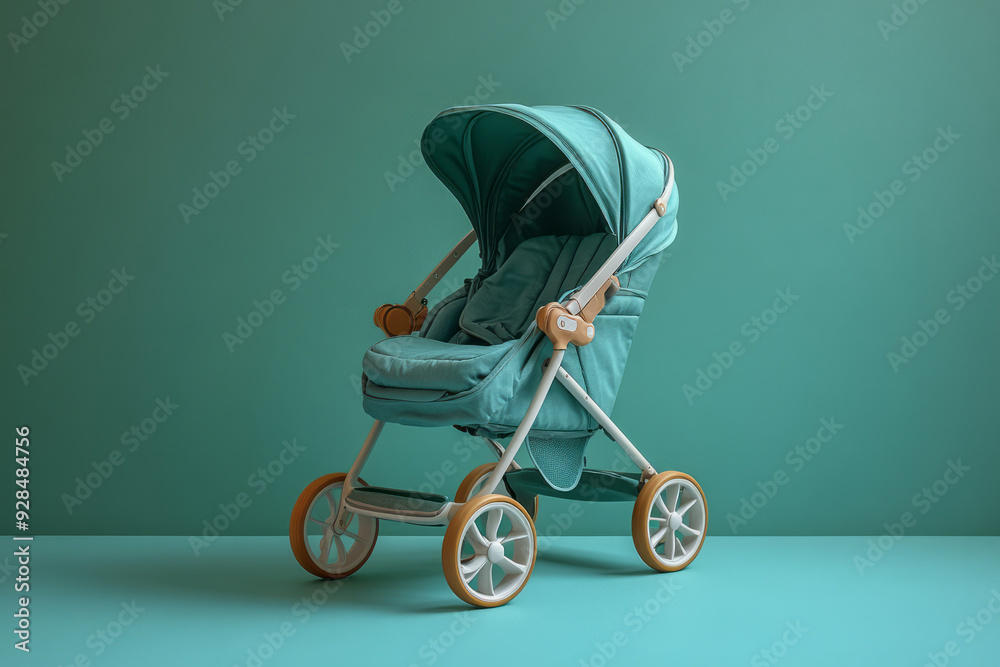 A stroller, isolated on a pastel green background, symbolizing the mobility and care of a growing child, A stroller, isolated on a pastel green background, symbolizing the mobility and care of a growing child,