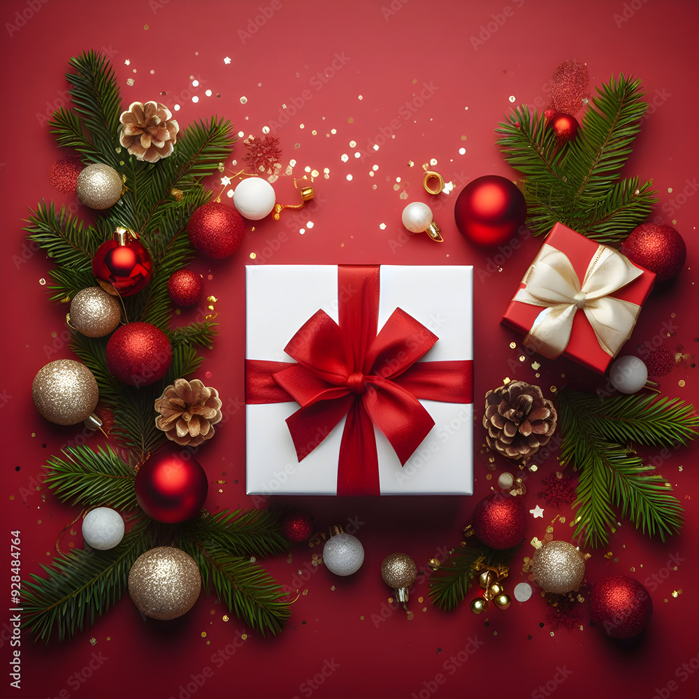 Top View Photo of Red Christmas Tree Balls and Gift Boxes with Ribbon Bows Top View Photo of Red Christmas Tree Balls and Gift Boxes with Ribbon Bows