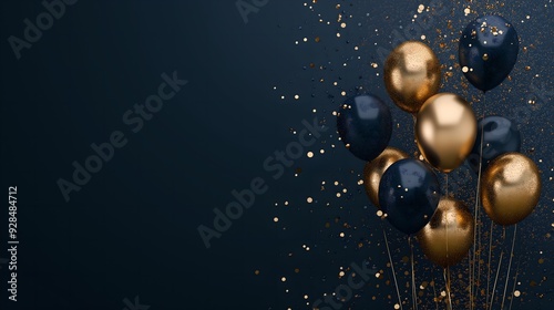 Vibrant navy blue and gold themed celebration with colorful balloons and glittering confetti, ideal for festive banners, posters, and background designs with space for custom text