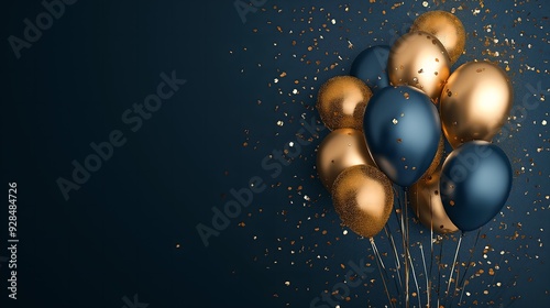 Vibrant navy blue and gold themed celebration with colorful balloons and glittering confetti, ideal for festive banners, posters, and background designs with space for custom text