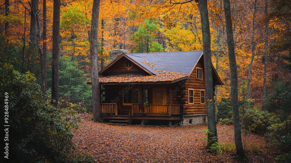 A cozy cabin nestled in the woods, surrounded by autumn foliage, perfect for a secluded and tranquil getaway A cozy cabin nestled in the woods, surrounded by autumn foliage, perfect for a secluded and tranquil getaway