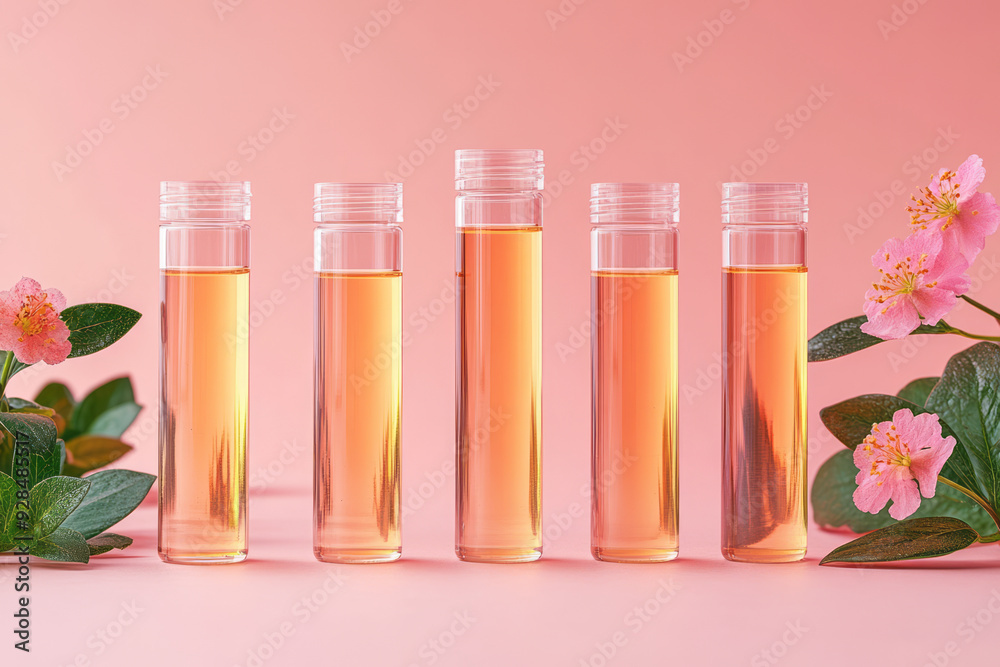 A set of graduated cylinders, isolated on a pastel peach background, used for measuring chemical solutions, A set of graduated cylinders, isolated on a pastel peach background, used for measuring chemical solutions,