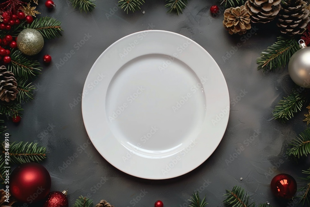 Festive Christmas Table Setting with Empty White Plate and Holiday Decorations Festive Christmas Table Setting with Empty White Plate and Holiday Decorations