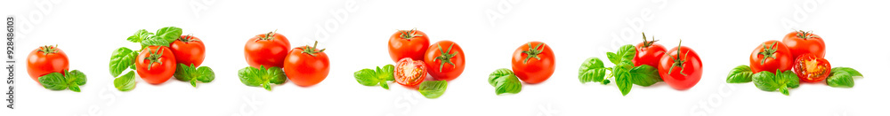 Fresh cherry tomatoes and fresh green basil isolated on white background. Tomato slices. Tomato sauce. Vegan. Ingredients for salad. Organic food. Place for text. Copy space. Fresh cherry tomatoes and fresh green basil isolated on white background. Tomato slices. Tomato sauce. Vegan. Ingredients for salad. Organic food. Place for text. Copy space.