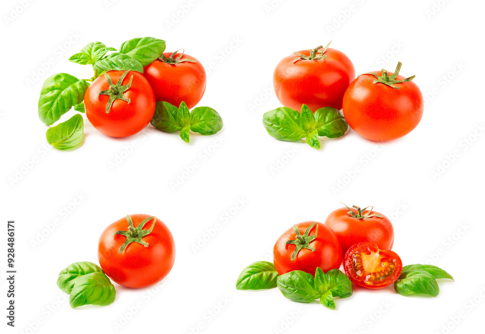 Fresh cherry tomatoes and fresh green basil isolated on white background. Tomato slices. Tomato sauce. Vegan. Ingredients for salad. Organic food. Place for text. Copy space. Fresh cherry tomatoes and fresh green basil isolated on white background. Tomato slices. Tomato sauce. Vegan. Ingredients for salad. Organic food. Place for text. Copy space.