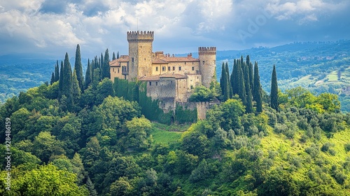 Fototapeta Naklejka Na Ścianę i Meble -  A historic castle perched on a hilltop, surrounded by lush greenery,